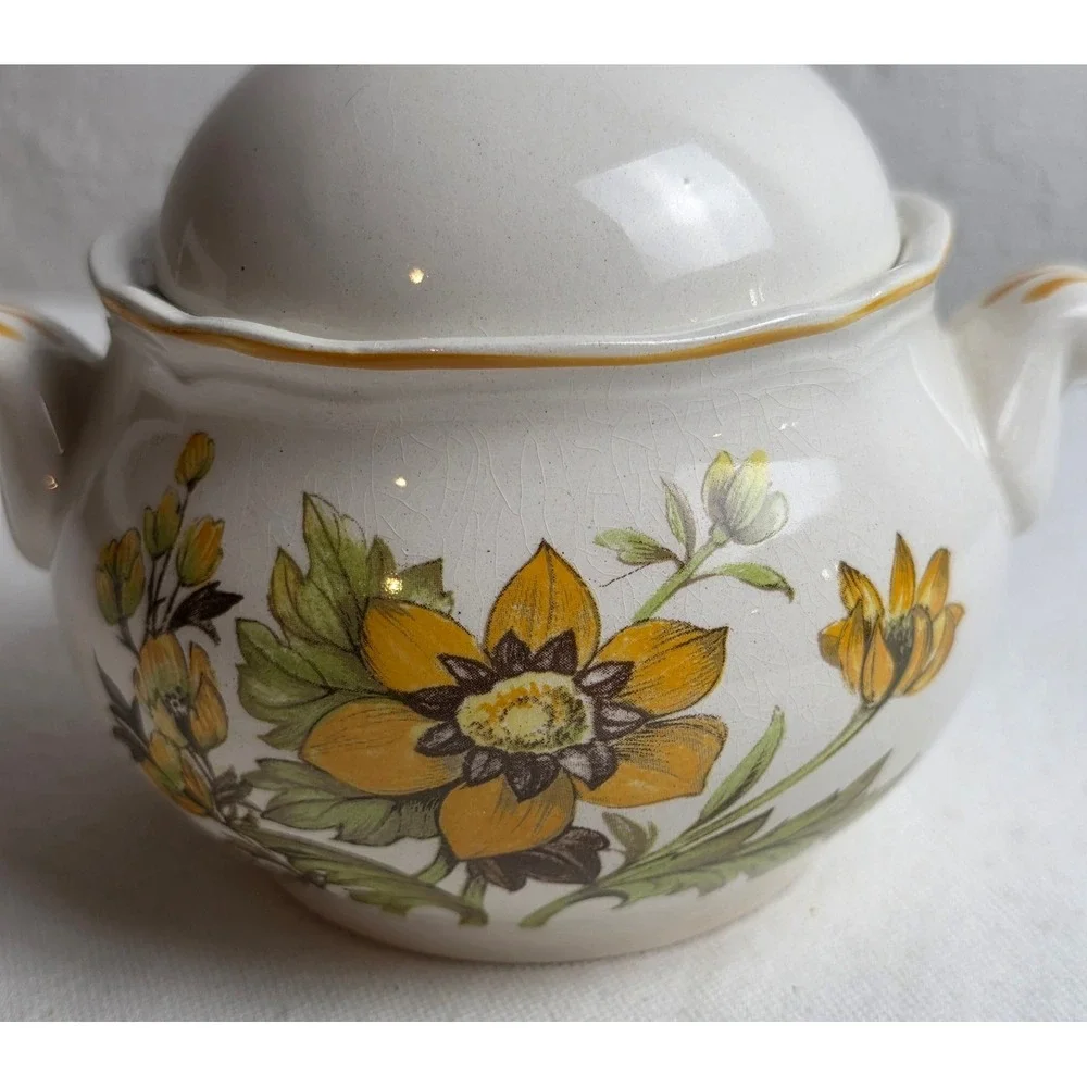 Vintage Berkeley House English Ironstone Meadow View Sunflower Lidded Bowl